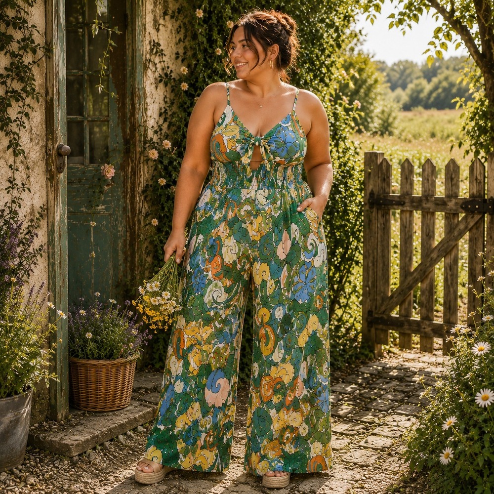 NWT Fashion Nova Kamiyah Printed Jumpsuit 2X Green Multi Wide Leg Boho Resort